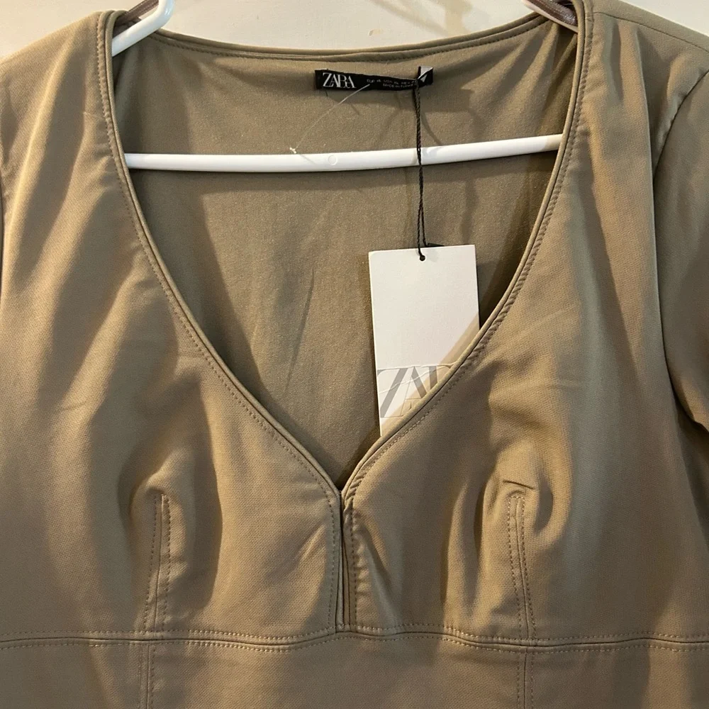 Zara Olive Long Sleeve V-Neck Dress - Picture 2 of 3